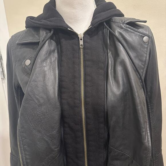 Caslon Black Leather Moto Biker Jacket Removable Hood Indie Sleaze Punk Edgy Emo - Picture 6 of 12